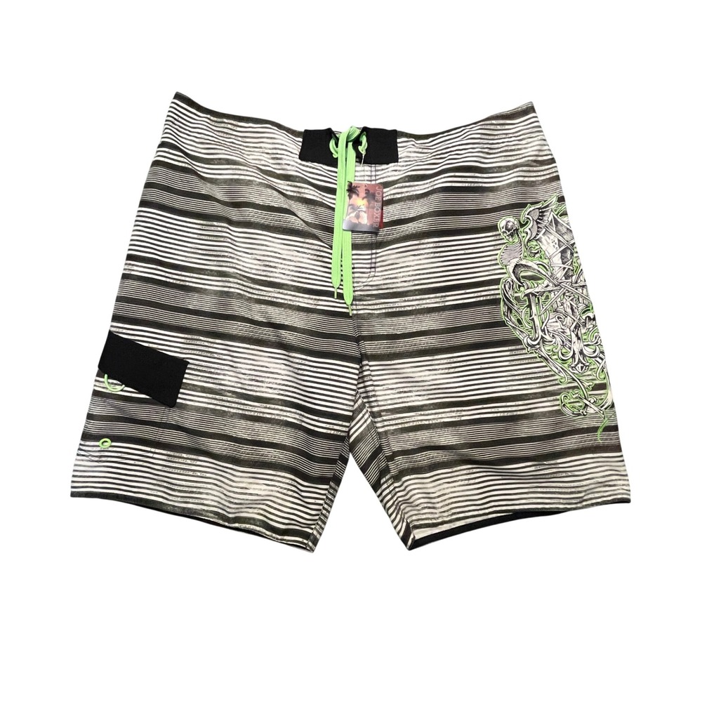 Joe Boxer Men's Striped Board Shorts Skull Neon Green‎ Drawstring Size 40 Goth
